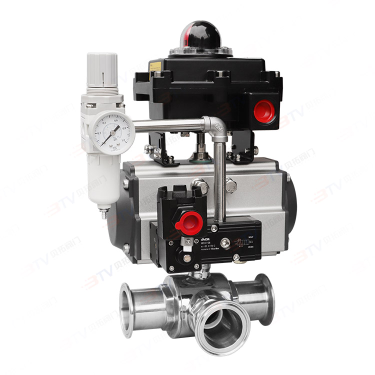 Pneumatic three-way sanitary quick-loading ball valve