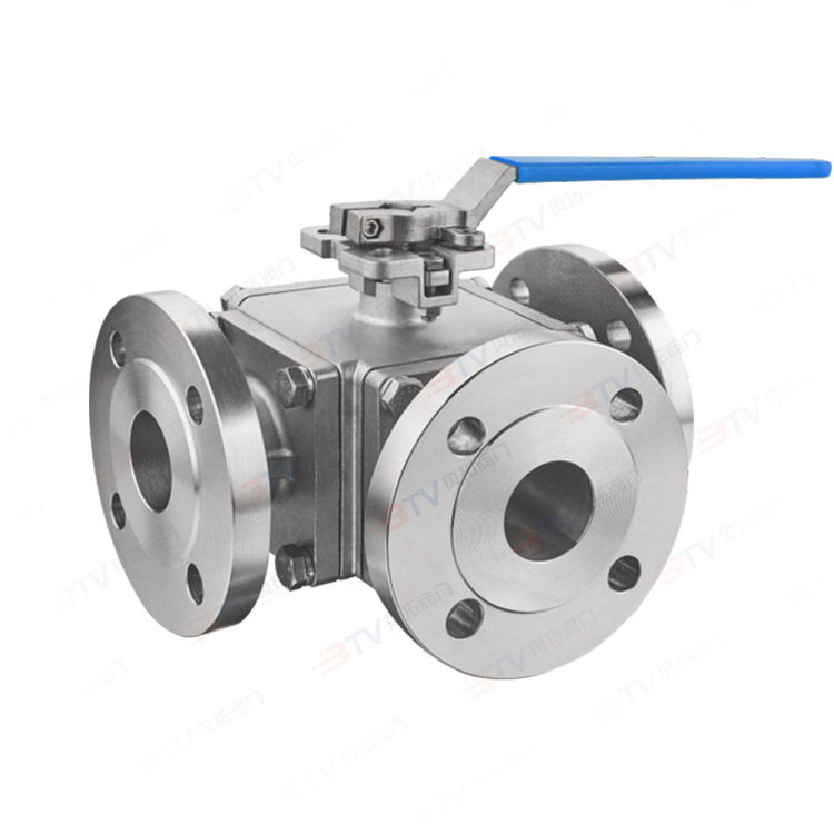 High platform three-way flange ball valve - handle blue